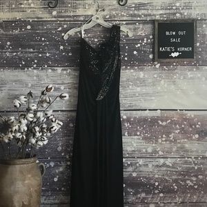 David's Bridal Black Sequined Gown w/ Broach